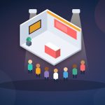 15 idées pour attirer les visiteurs sur son stand de salon Illustration d’une foule de visiteurs devant un stand de salon éclairé