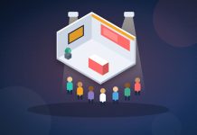 15 idées pour attirer les visiteurs sur son stand de salon Illustration d’une foule de visiteurs devant un stand de salon éclairé