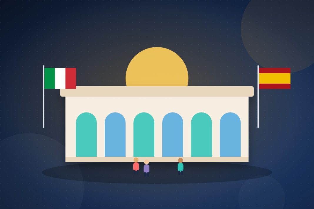 Exposer en Italie et en Espagne Illustration d’un bâtiment à arcades entre les drapeaux italien et espagnol