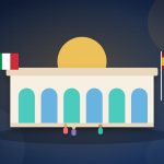 Exposer en Italie et en Espagne : Milan, Bologne, Vérone, Madrid, Barcelone Illustration d’un bâtiment à arcades entre les drapeaux italien et espagnol