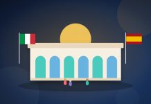 Exposer en Italie et en Espagne : Milan, Bologne, Vérone, Madrid, Barcelone Illustration d’un bâtiment à arcades entre les drapeaux italien et espagnol