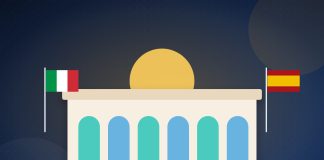 Exposer en Italie et en Espagne : Milan, Bologne, Vérone, Madrid, Barcelone Illustration d’un bâtiment à arcades entre les drapeaux italien et espagnol