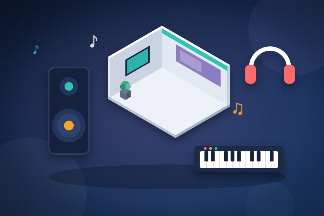 Salons de la musique et de l’audio en Europe Illustration d’un stand de salon entouré d’une enceinte, d’un clavier, d’un casque et de notes de musique