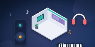 Salons de la musique et de l’audio en Europe : le guide 2027 Illustration d’un stand de salon entouré d’une enceinte, d’un clavier, d’un casque et de notes de musique