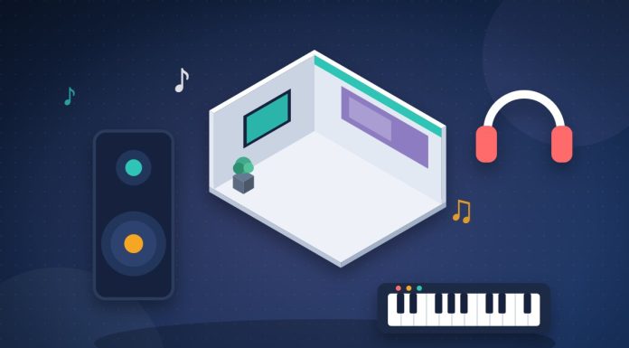 Salons de la musique et de l’audio en Europe : le guide 2027 Illustration d’un stand de salon entouré d’une enceinte, d’un clavier, d’un casque et de notes de musique